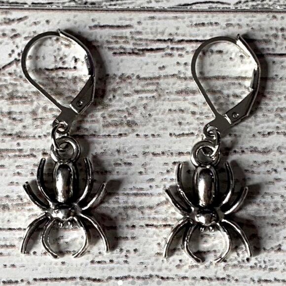 Silver Plated Spider Charm, Nickel Free Small Hoop Earrings - Picture 2 of 6